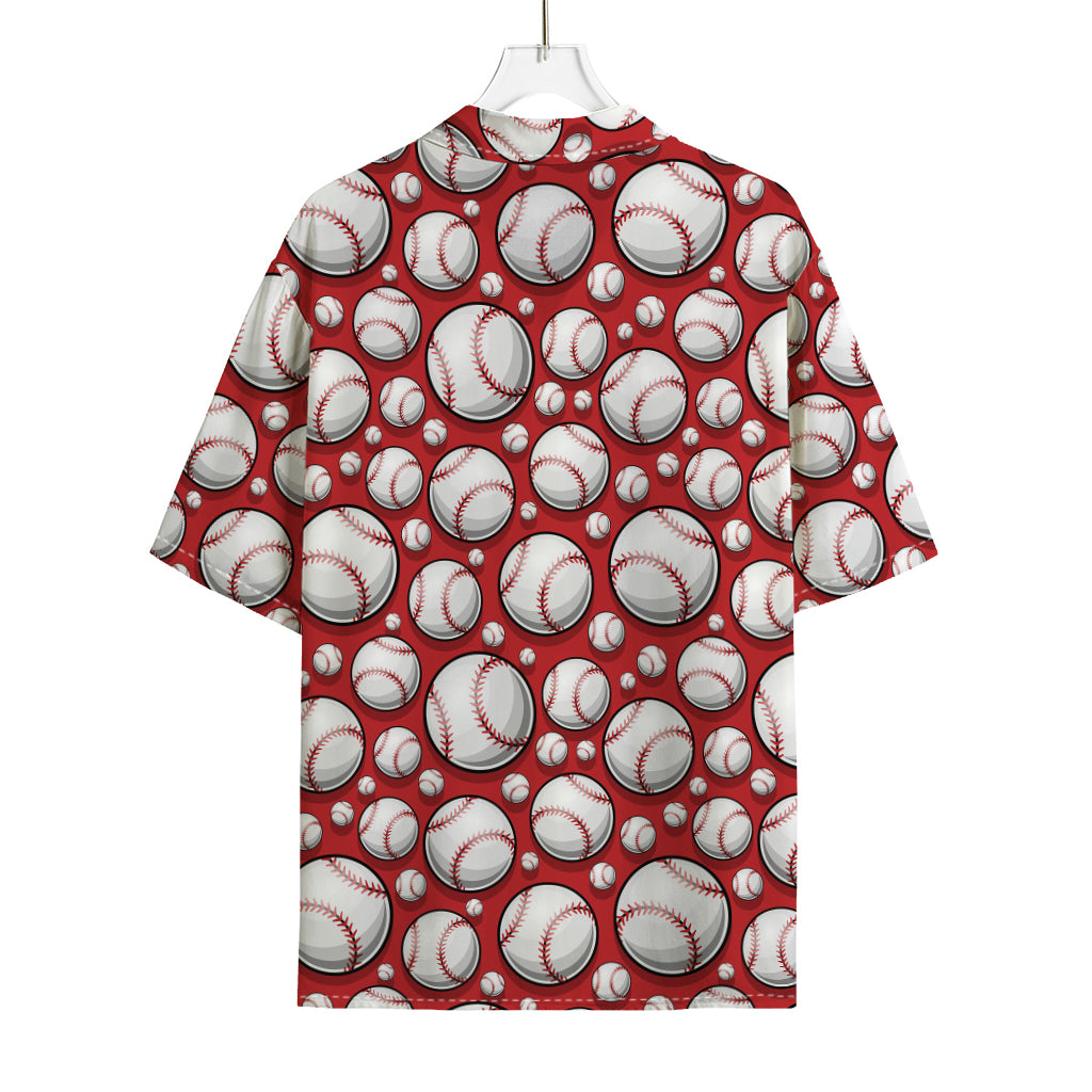 Red Baseball Pattern Print Rayon Hawaiian Shirt