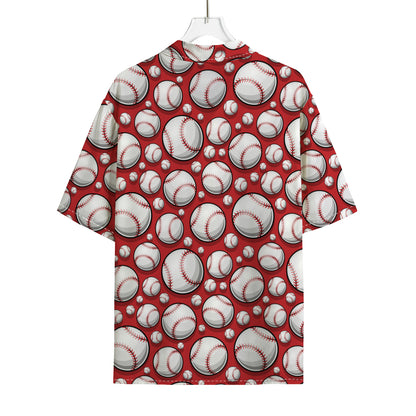 Red Baseball Pattern Print Rayon Hawaiian Shirt