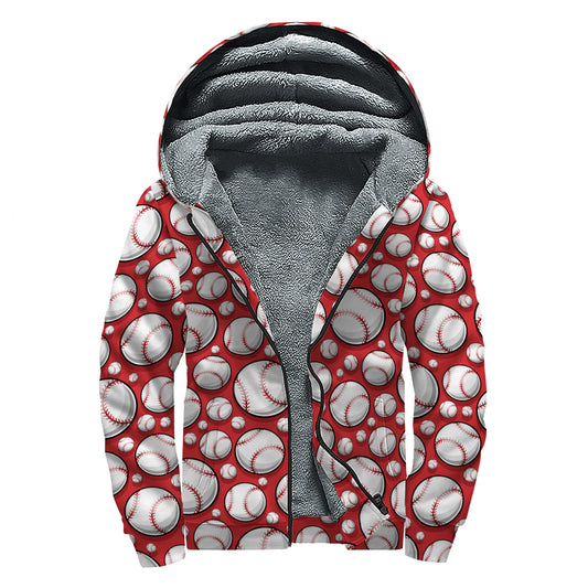 Red Baseball Pattern Print Sherpa Lined Zip Up Hoodie