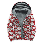 Red Baseball Pattern Print Sherpa Lined Zip Up Hoodie