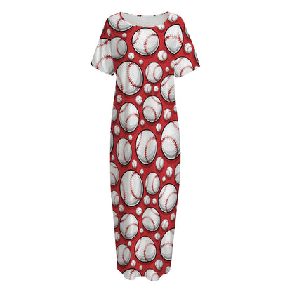 Red Baseball Pattern Print Short Sleeve Long Nightdress