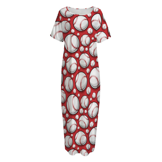 Red Baseball Pattern Print Short Sleeve Long Nightdress