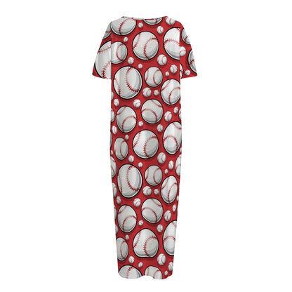 Red Baseball Pattern Print Short Sleeve Long Nightdress