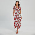Red Baseball Pattern Print Short Sleeve Maxi Dress