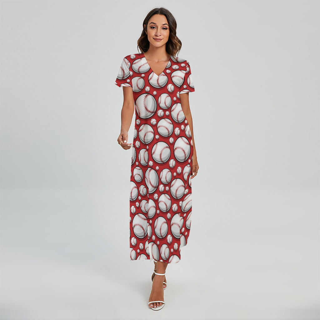 Red Baseball Pattern Print Short Sleeve Maxi Dress
