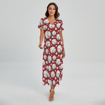Red Baseball Pattern Print Short Sleeve Maxi Dress