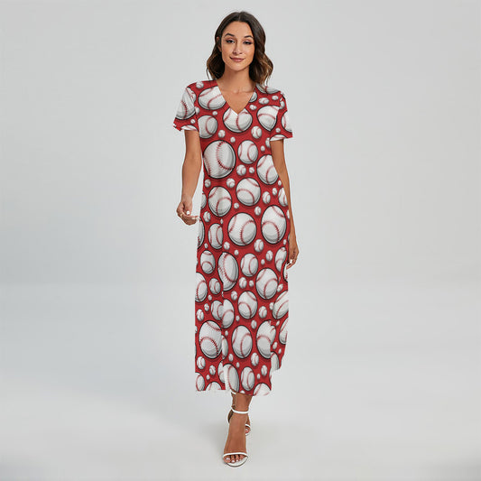 Red Baseball Pattern Print Short Sleeve Maxi Dress