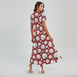 Red Baseball Pattern Print Short Sleeve Maxi Dress