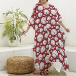 Red Baseball Pattern Print Silk V-Neck Kaftan Dress