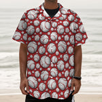 Red Baseball Pattern Print Textured Short Sleeve Shirt
