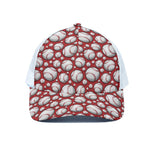 Red Baseball Pattern Print White Mesh Trucker Cap