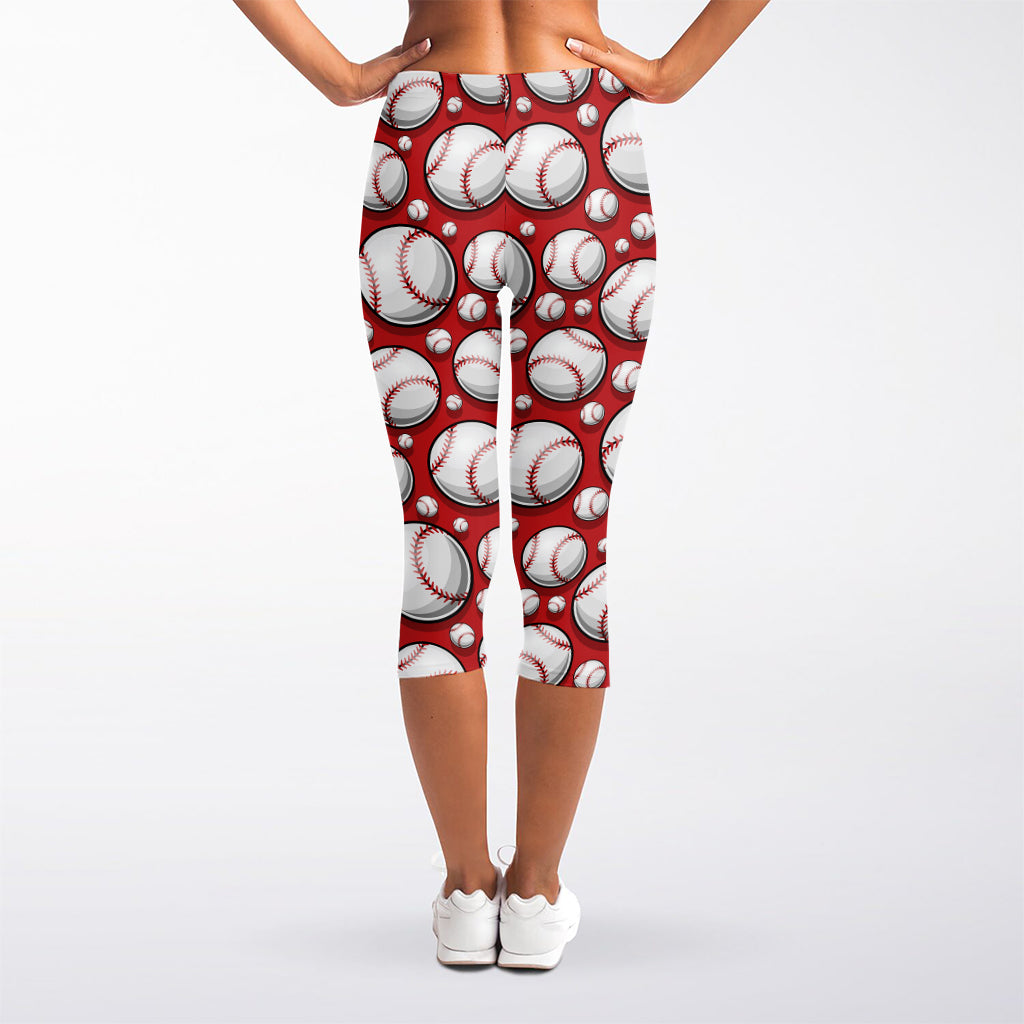 Red Baseball Pattern Print Women's Capri Leggings