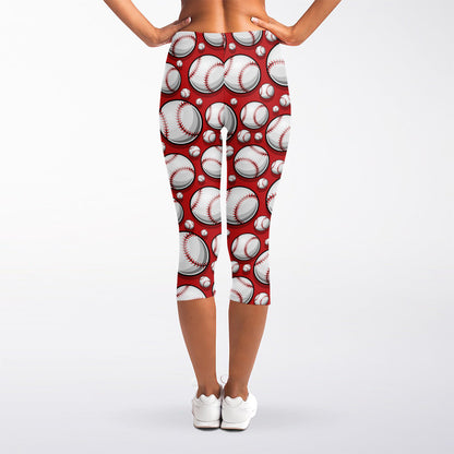 Red Baseball Pattern Print Women's Capri Leggings