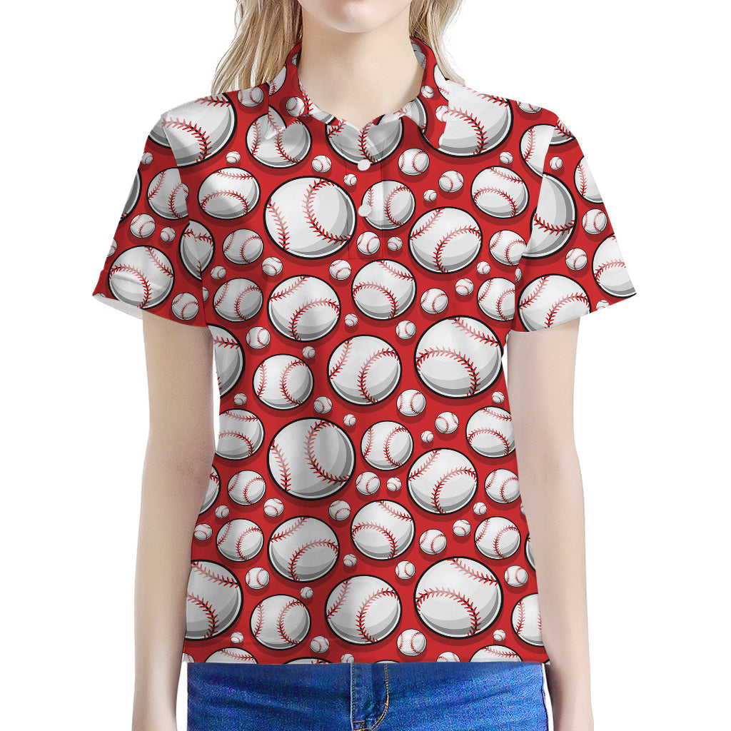 Red Baseball Pattern Print Women's Polo Shirt