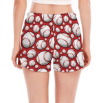 Red Baseball Pattern Print Women's Split Running Shorts