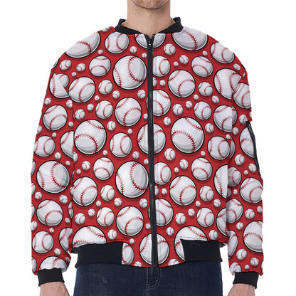 Red Baseball Pattern Print Zip Sleeve Bomber Jacket