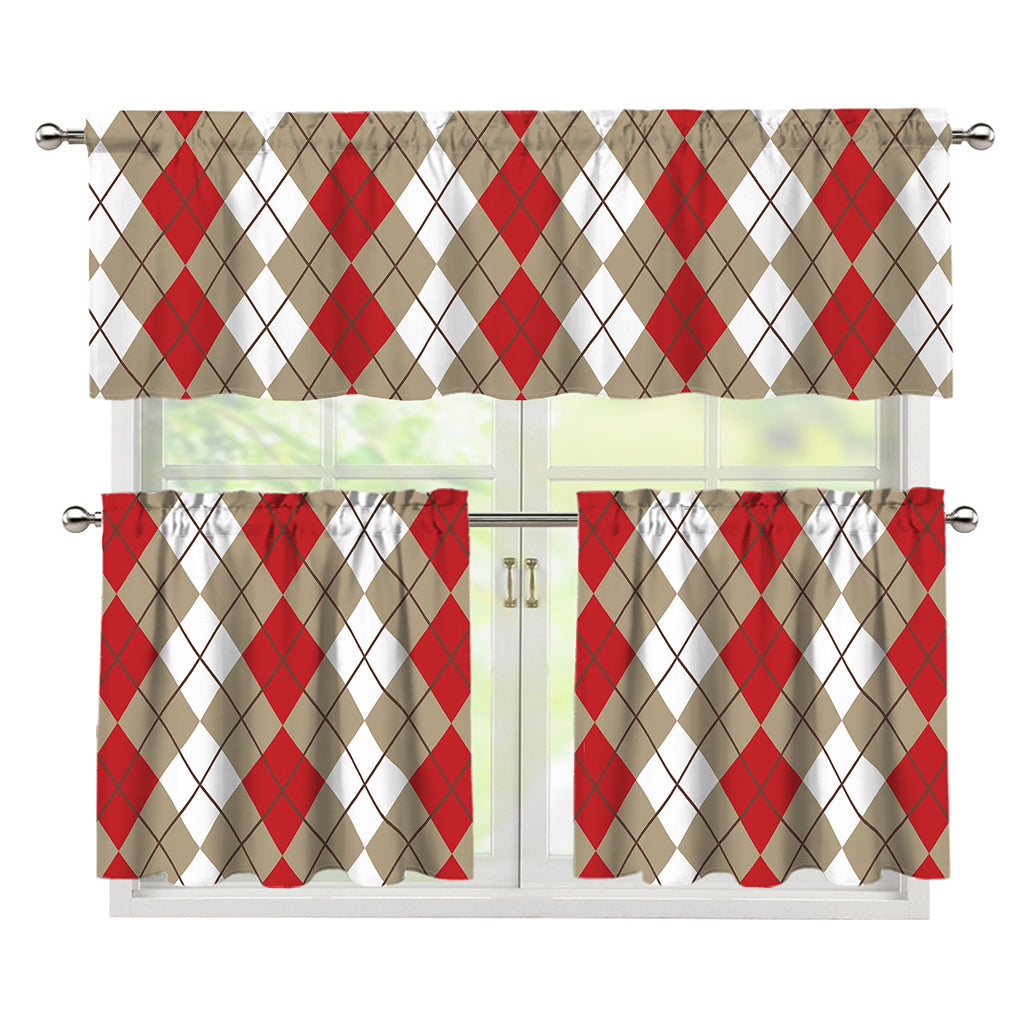 Red Beige And White Argyle Pattern Print 3 Piece Kitchen Curtains