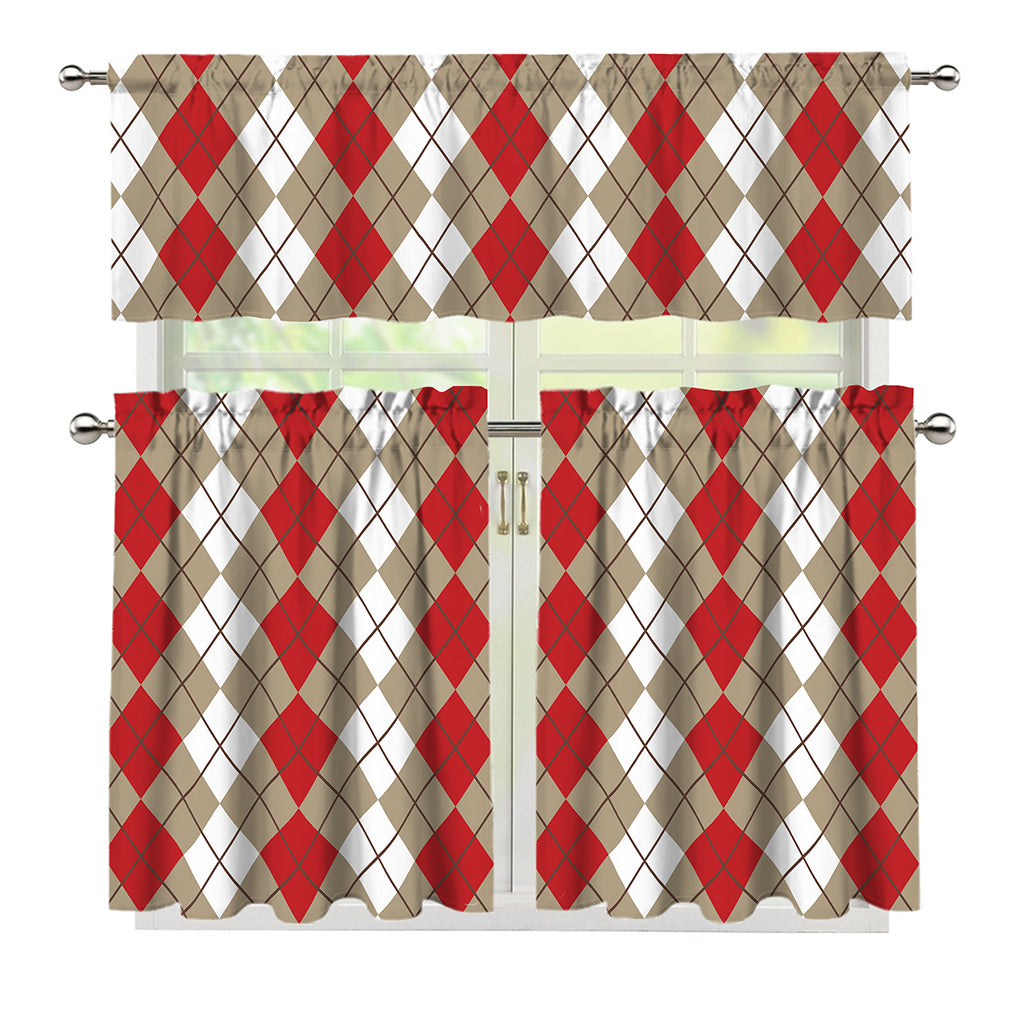 Red Beige And White Argyle Pattern Print 3 Piece Kitchen Curtains