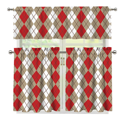 Red Beige And White Argyle Pattern Print 3 Piece Kitchen Curtains