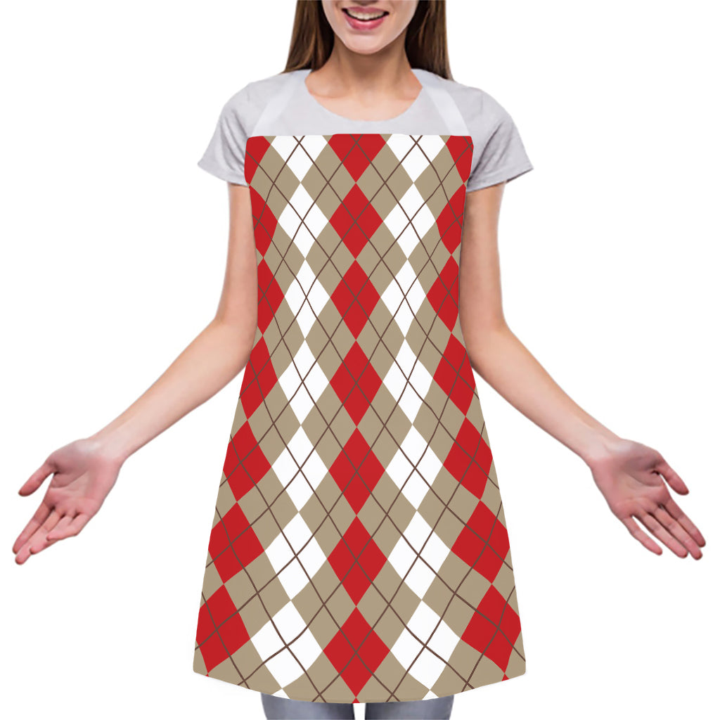Red Beige And White Argyle Pattern Print Adjustable Apron