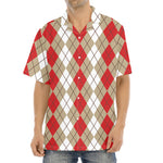 Red Beige And White Argyle Pattern Print Aloha Shirt