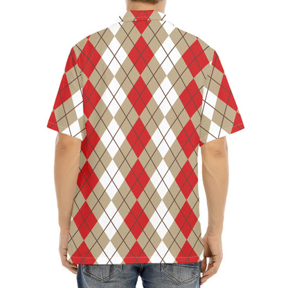 Red Beige And White Argyle Pattern Print Aloha Shirt