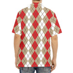 Red Beige And White Argyle Pattern Print Aloha Shirt