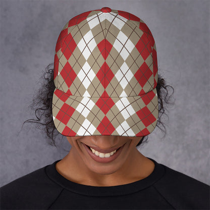 Red Beige And White Argyle Pattern Print Baseball Cap