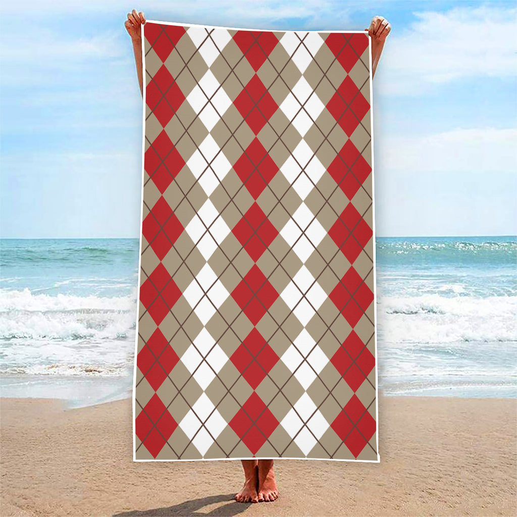 Red Beige And White Argyle Pattern Print Beach Towel
