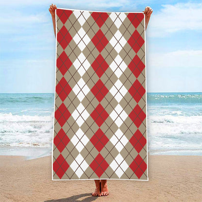Red Beige And White Argyle Pattern Print Beach Towel