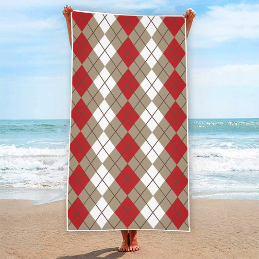 Red Beige And White Argyle Pattern Print Beach Towel