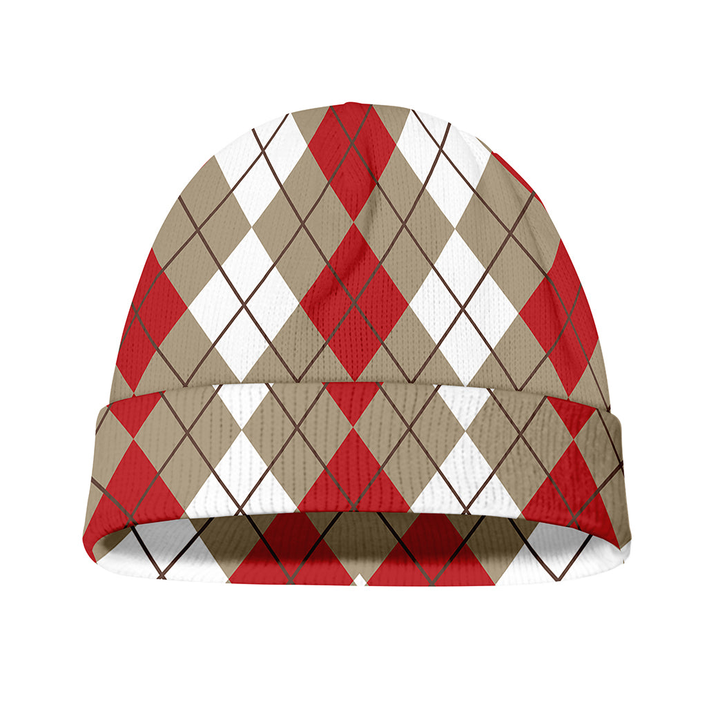 Red Beige And White Argyle Pattern Print Beanie