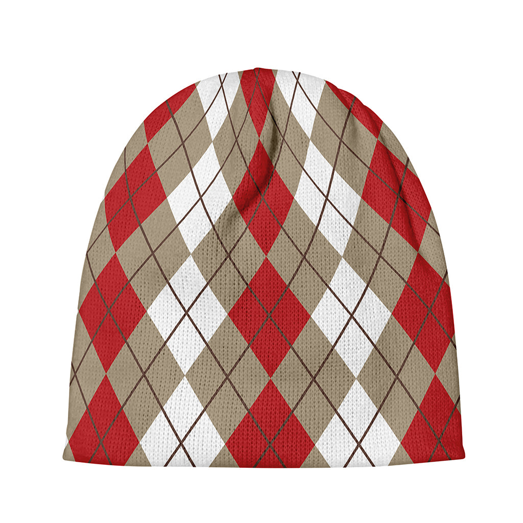 Red Beige And White Argyle Pattern Print Beanie