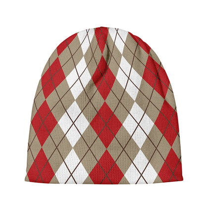 Red Beige And White Argyle Pattern Print Beanie