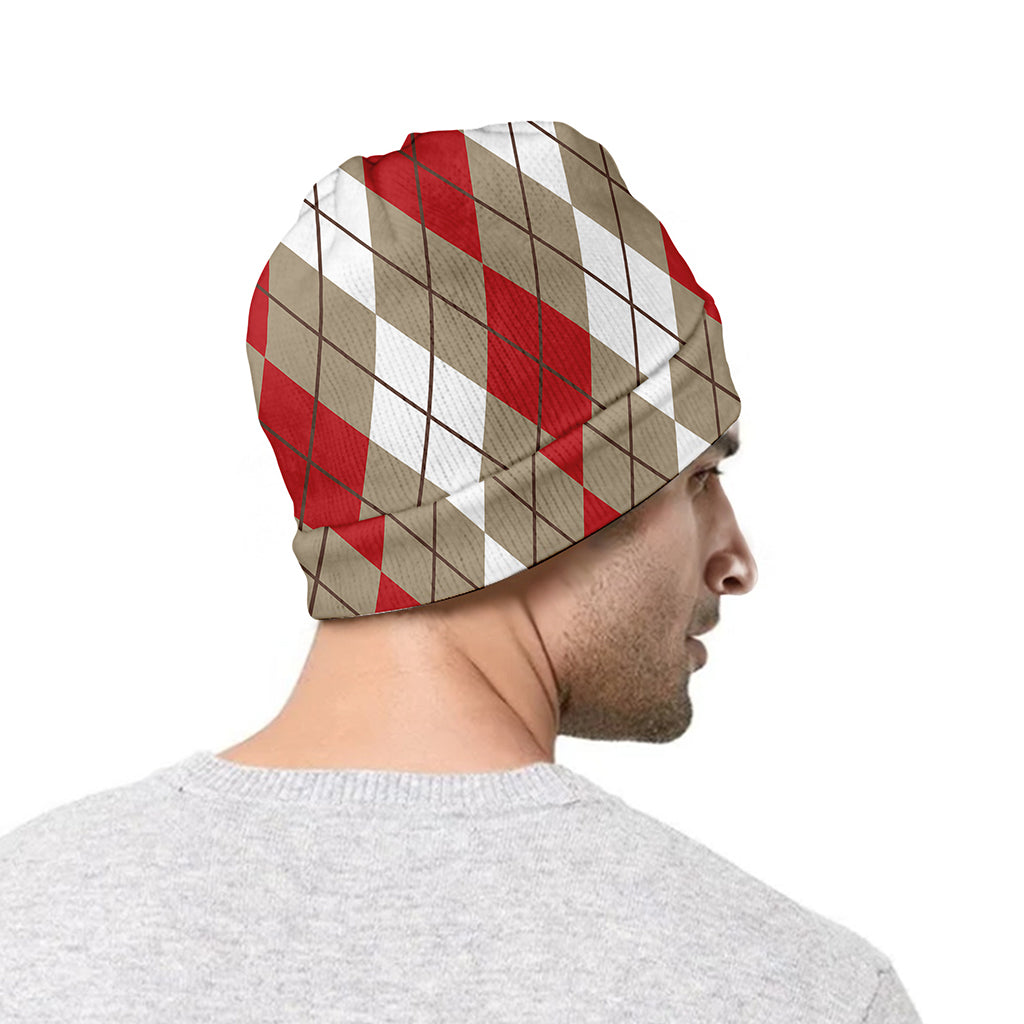 Red Beige And White Argyle Pattern Print Beanie