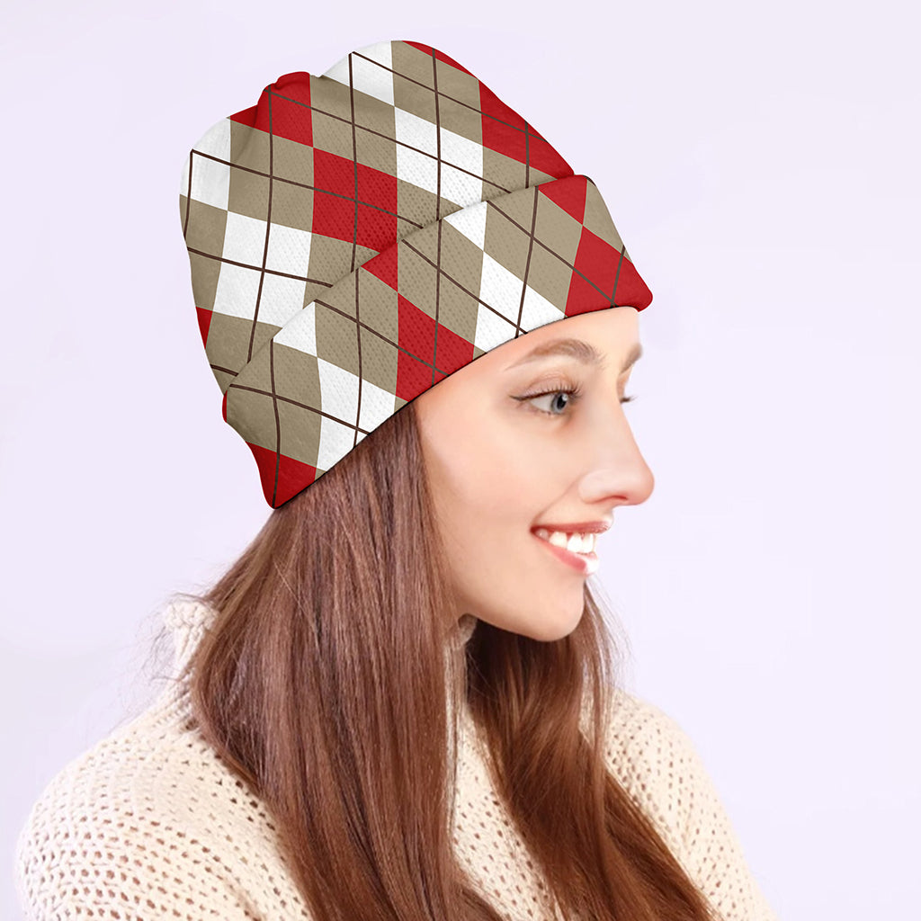 Red Beige And White Argyle Pattern Print Beanie