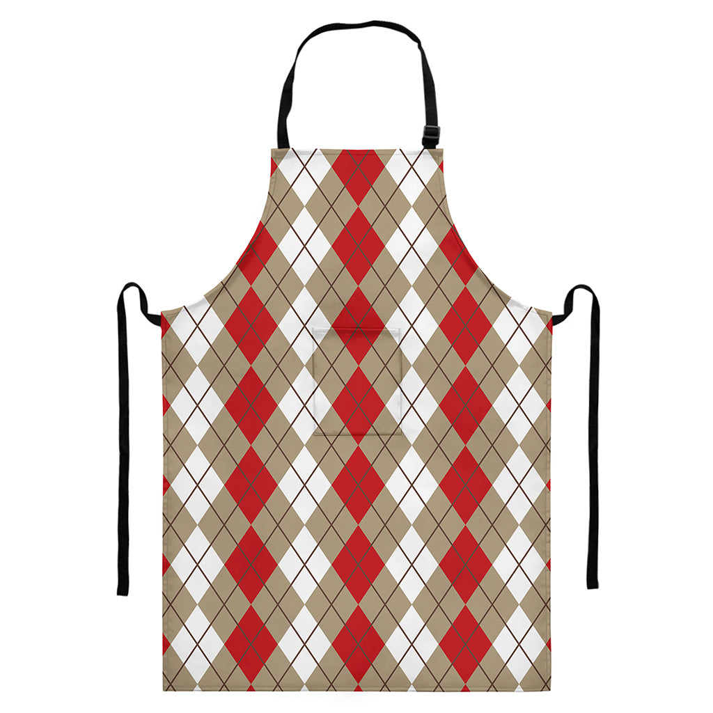 Red Beige And White Argyle Pattern Print Bib Apron With Pocket
