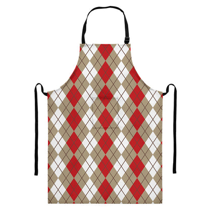 Red Beige And White Argyle Pattern Print Bib Apron With Pocket