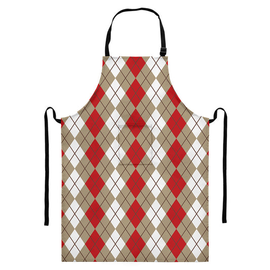 Red Beige And White Argyle Pattern Print Bib Apron With Pocket