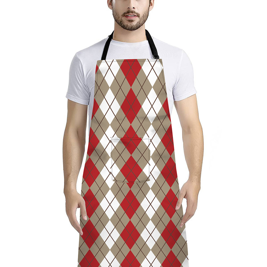 Red Beige And White Argyle Pattern Print Bib Apron With Pocket