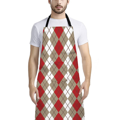 Red Beige And White Argyle Pattern Print Bib Apron With Pocket