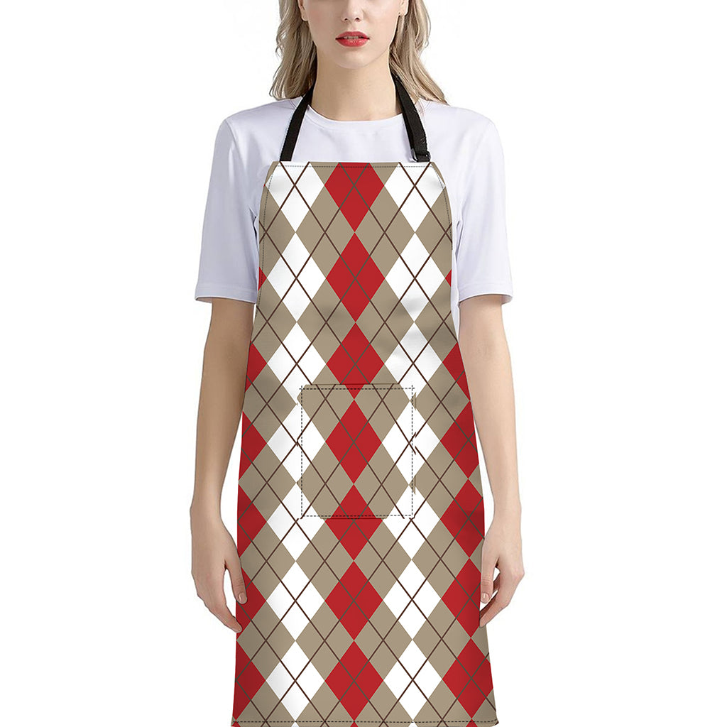 Red Beige And White Argyle Pattern Print Bib Apron With Pocket