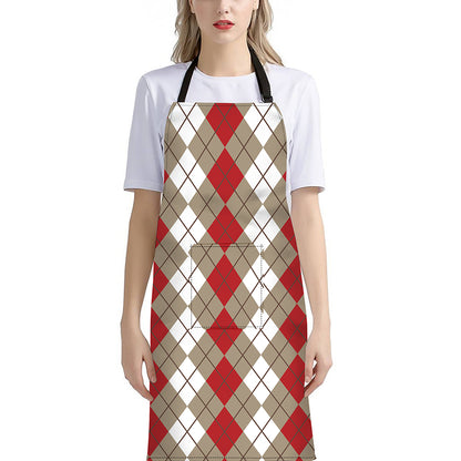 Red Beige And White Argyle Pattern Print Bib Apron With Pocket