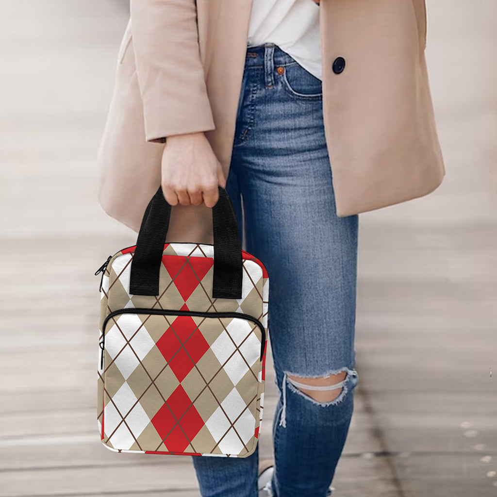 Red Beige And White Argyle Pattern Print Bible Tote Bag