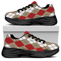 Red Beige And White Argyle Pattern Print Black Chunky Shoes