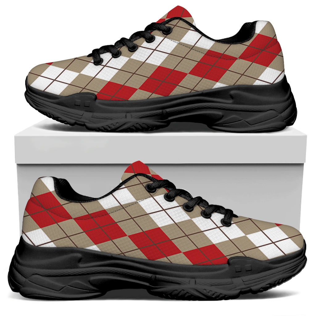 Red Beige And White Argyle Pattern Print Black Chunky Shoes