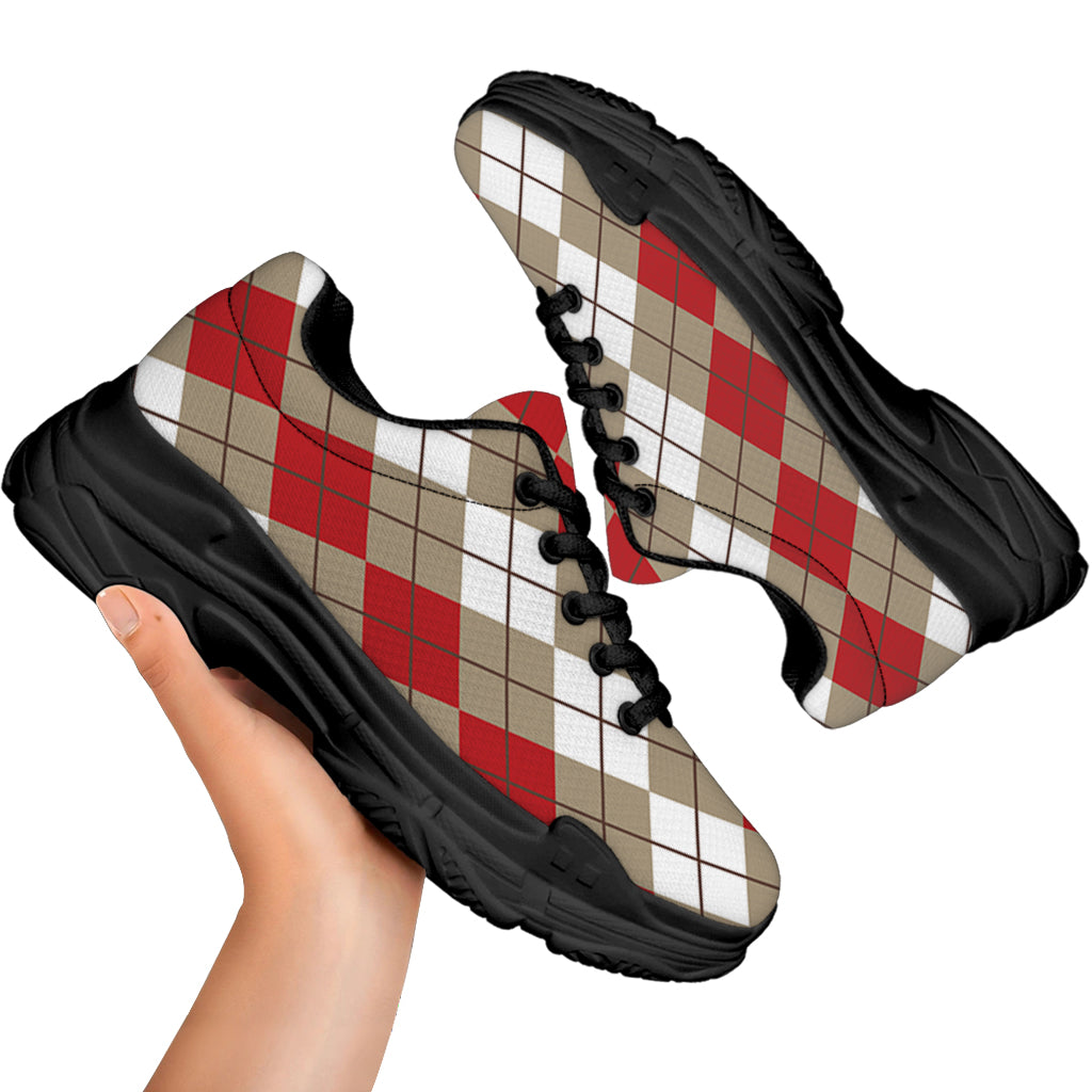 Red Beige And White Argyle Pattern Print Black Chunky Shoes
