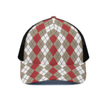Red Beige And White Argyle Pattern Print Black Mesh Trucker Cap