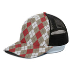 Red Beige And White Argyle Pattern Print Black Mesh Trucker Cap