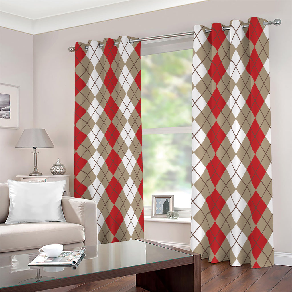 Red Beige And White Argyle Pattern Print Blackout Grommet Curtains